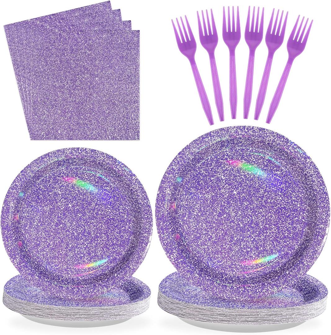 96Pcs Holographic Rainbow Purple Plates and Napkins Sets - Iridescent Purple Birthday Decorations for Girls - Serves 24