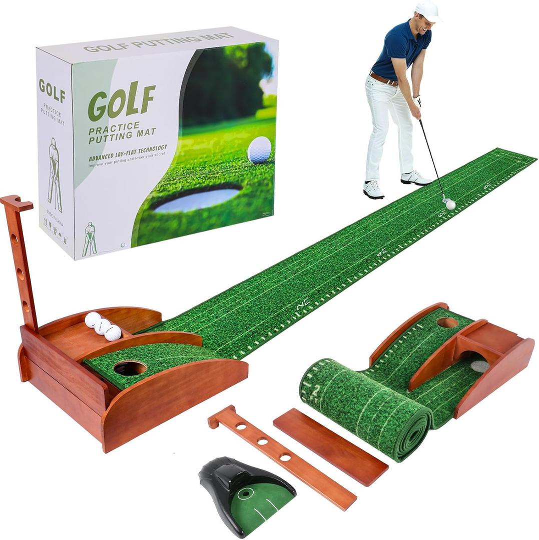 Portable Golf Putting Mat with Auto Ball Return - Practice Putting Green Training Mat for Indoor and Outdoor, Home, Backyard, Office - Golf Gifts for Party Game