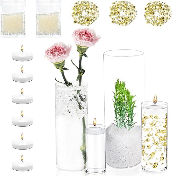 UDU 4 Set Glass Cylinder Vases for Centerpieces with 20000 Vase Filler 6 White Floating Candles 3 Pearl String, Centerpieces for Wedding Party Home Table Decoration