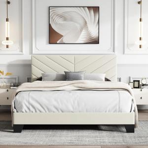 Queen Size Upholstered Platform Bed, Queen Bed Frame with Tufted Headboard, Sturdy Frame and Wooden Slats, Silent Operation, No Mattress Required, Easy Assembly, Beige