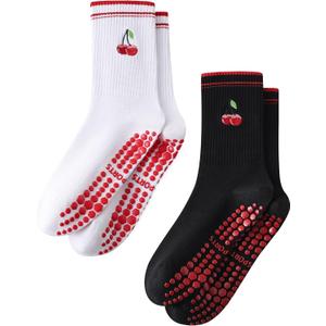 THANTH Pilates Grip Socks for Women Yoga Non Slip Sticky Athletic Crew Grippy Socks Cute Barre Workout Hospital Sock (5-10, 2pack-white+black)
