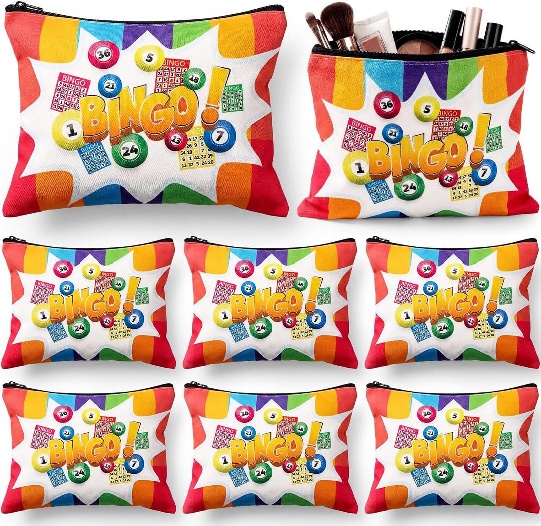 Hsei 8 Pcs Bingo Bags Game Lover Gifts for Women Lucky Makeup Bags Travel Zipper Pouch Bingo Accessories Cosmetic Bag for Lovers Friend Mom Grandma Players Lucky Birthday Casino Retirement Gift