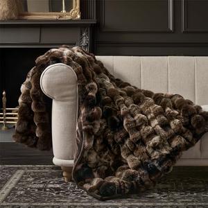 Ultra Soft Luxury Fluffy Ridgeline Faux Rabbit Fur Throw Blanket, Thick Warm Bubble Throw for Bed, Cozy Plush Reversible Blankets for Couch, Chair, Sofa, Mocha Brown, 60x80 Inches, 870 GSM