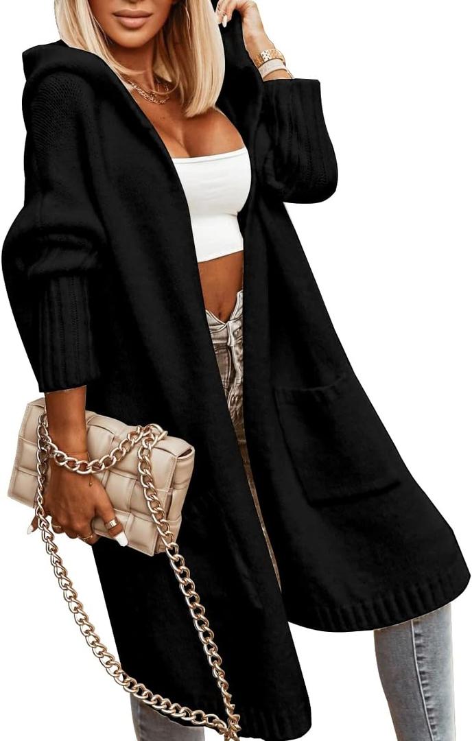 Aoysky Womens Long Cardigans Cable Knitted Open Front Oversized Hooded Outerwear Sweater Coat (X-Large, Black)