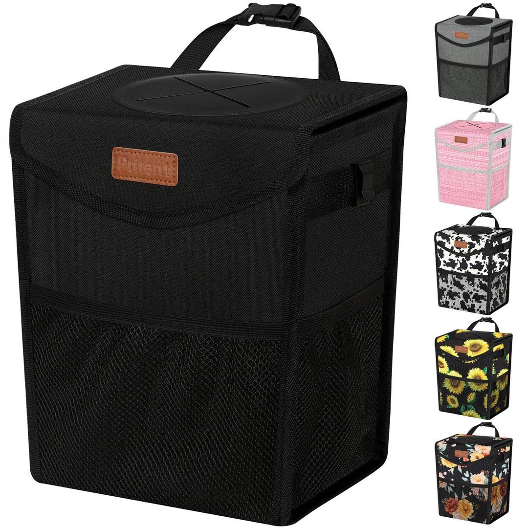 Car Trash Can with Lid, Cute Leakproof Car Trash Garbage Bag Hanging Vehicle Trash Bin Small Portable Automotive Garbage Cans Organizer for Back/Front Seat/Console(Trapezoid,Black) (2 Gallons)