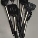 E-far Silicone Cooking Utensils Set, 7 Pcs Heat Resistant Kitchen Utensils with Stainless Steel Handle, Slotted Turner, Spoon, Soup Ladle, Pasta Server, Skimmer, Tongs for Nonstick Cookware, Black