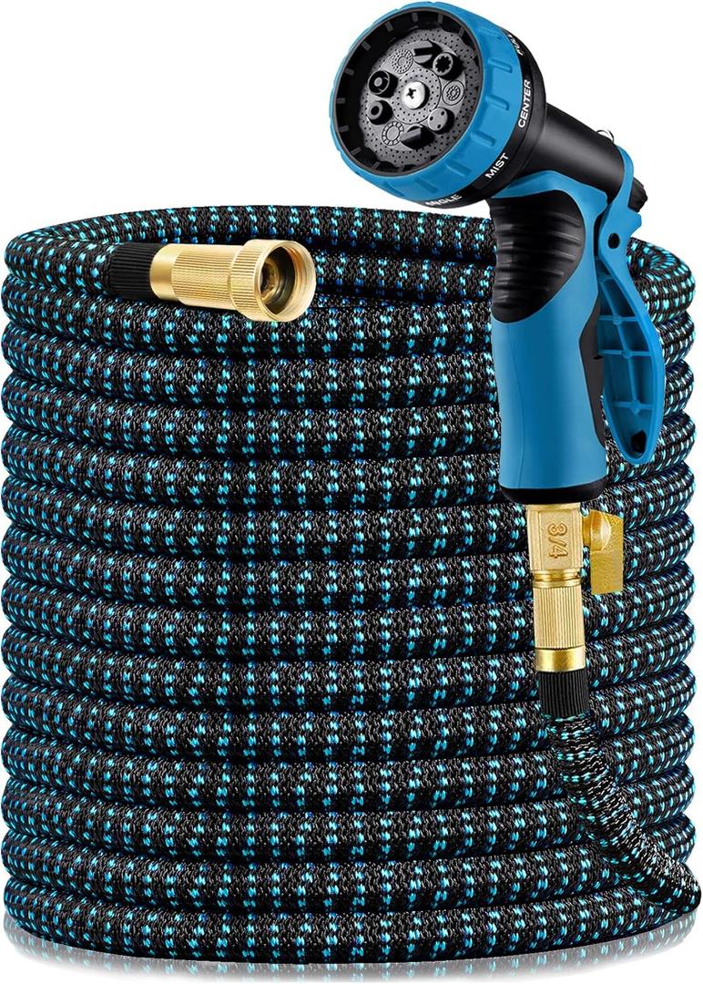 Garden Hose 100FT, Expandable Water Hoses Flexible Lightweight Hose With 3/4 Inch Solid Brass Fittings and 9 Function Nozzle Sprayer, Black and Blue