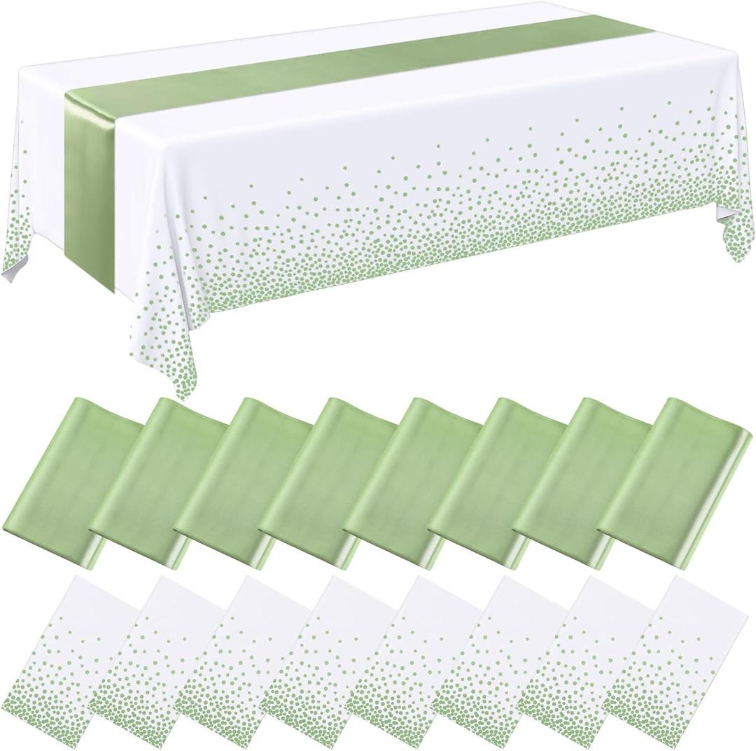 Tudomro 16 Pcs White and Sage Green Disposable Plastic Tablecloths and Satin Table Runner Set 54x108 Inch Tablecloth 12x108 Inch Table Runners for New Year Wedding Birthday Baby Shower Graduation