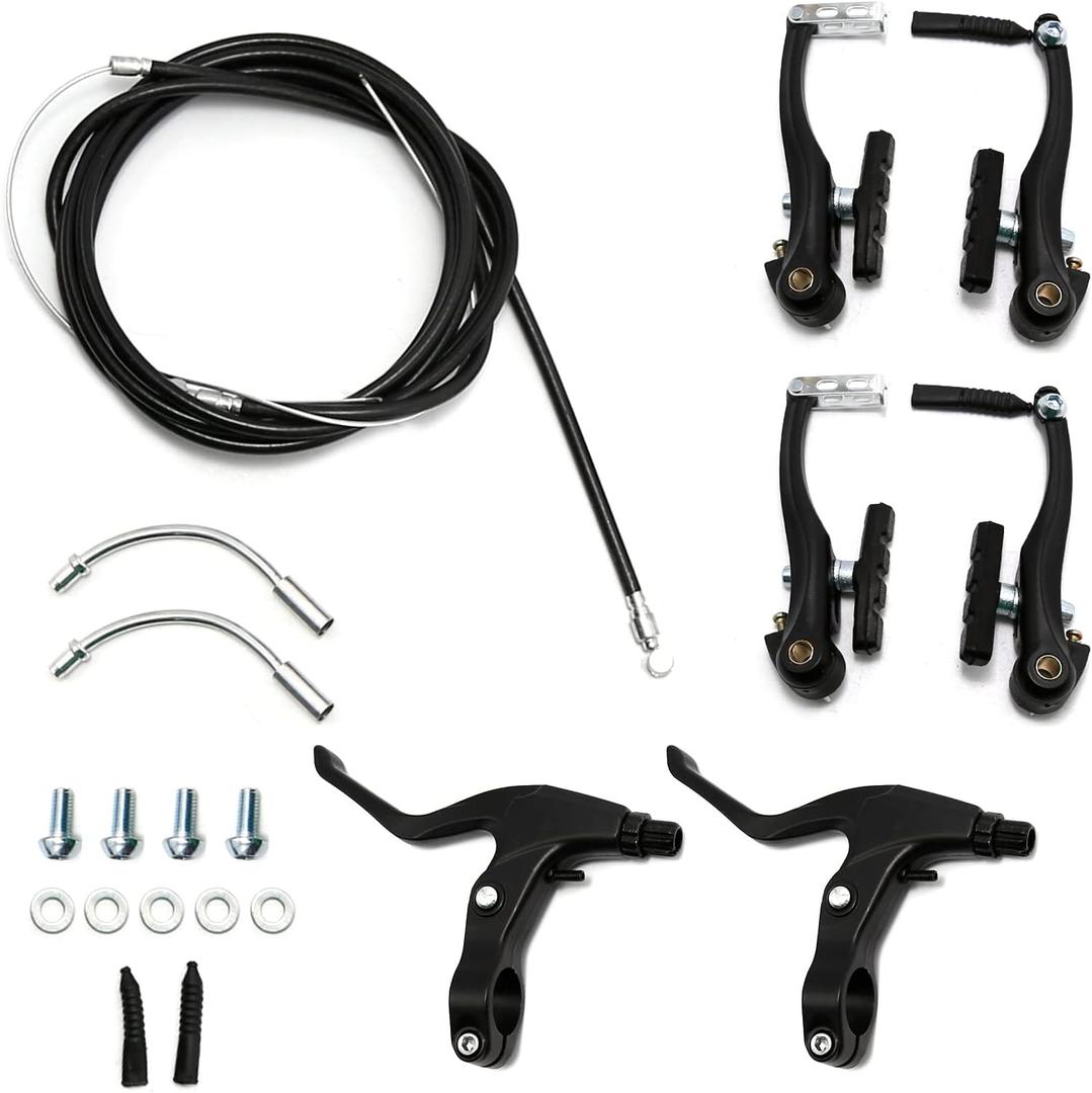 UOIENRT Complete Bike Brake Set Includes Callipers Levers Cables Black, Bicycle Front and Rear Brake Cable, Aluminum Alloy Brake Handlebars and V Bike Brake Kit