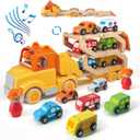 Toddler Toys for 2 3 4 5 Years Old Kids, Transport Car Carrier Truck Toy with 6 Wooden Vehicle, 30in Foldable Track Trailer with Light & Sound Effects, Best Gift Choice for Christmas, Birthday