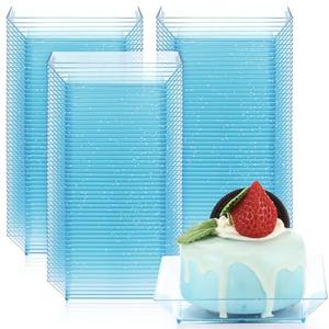 Zhehao 100 Pcs Plastic Dessert Appetizer Plates Disposable, 3.6 x 3.6 Inch Small Square Plastic Dessert Cake Snack Plate for Wedding Birthday Bridal Baby Shower All Occasion Party (Blue Clear)