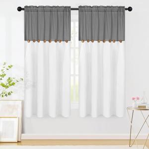 FRAMICS Farmhouse Cotton Linen Curtains for Living Room, Boho Button Curtains 63 Inch Length, Grey Rustic Country Linen Window Curtains for Bedroom, Rod Pocket Curtains & Drapes, 52 x 63 Inch, Grey (Grey and White)