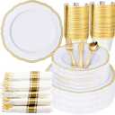 Hioasis 350pcs White and Gold Plastic Plates - Gold Plastic Dinnerware Set Includes 50 Dinner Plates, 50 Dessert Dinnerware, 50 Cups, 50 Rolled Napkin Cutlery Perfect for Wedding & Party