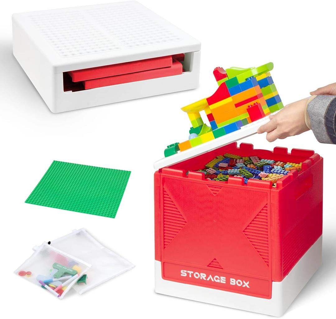 Folding 2-in-1 Storage Box with Large Building Lid for Blocks, Toys Collapsible Storage Bin, Multifunctional Organizer Box for Organizing Brick, Bead, Tool, Sewing and Toys (Red)