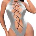 OYOANGLE Women's PU Leather Criss Cross Lingerie Halter Bodysuit Cut Out Backless Rave Body Suits, M
