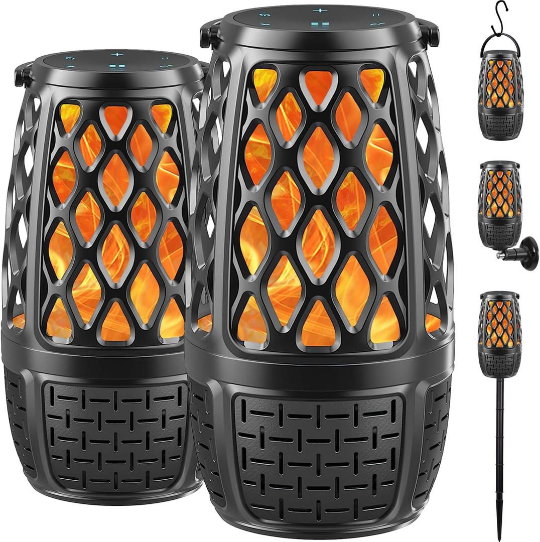 2 Pack Outdoor Bluetooth Speakers, Upgrade Multi-Sync Bluetooth Party Speakers with Flame Light, Built-in 360 HD Stereo Sound, Cool Tech Gadgets Upgraded IPX7 Waterproof for Patio Porch, Gift for Men