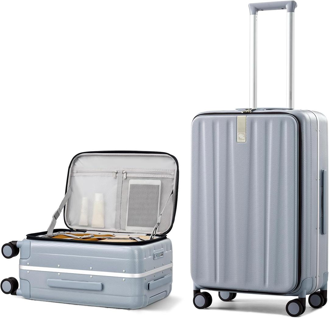 Hanke 24 Inch Checked Luggage Front Opening Rolling Suitcase Hard Sided Luggage with Spinner Wheels for Travel Woman Men.(Grey)