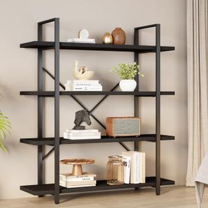 HSH 4 Tier Black Bookshelf, Industrial Metal Wood Storage Book Shelves