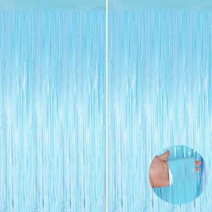 Macaron Light Blue Metallic Tinsel Foil Fringe Curtains, 2 Pack 3.3x8.3 Feet Party Streamer for Birthday Party Decorations, Halloween Decor, Foil Curtain for Bachelorette Party