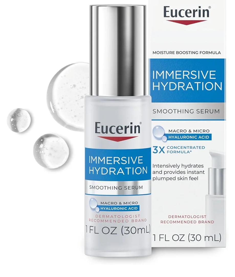 Eucerin Immersive Hydration Smoothing Face Serum, Ultra-Lightweight Hyaluronic Acid Serum Reduces the Look of Fine Lines and Wrinkles, 1 Fl Oz Bottle