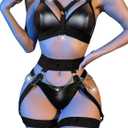 Lilosy Sexy Chain Strappy Garter Belt Women Lingerie Set Rave Outfits (Small, Latex Black)