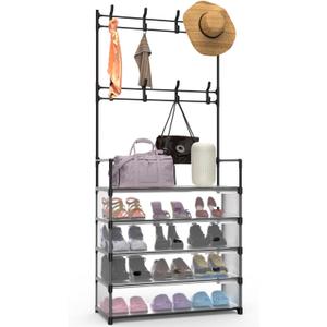 iMounTEK Coat Rack Entryway Hall Tree 5-Tier Dustproof Entryway Hall Tree Shoe Rack With 8 Removable Hooks Freestanding Shoe Storage Shelf Hat Clothes Organizer For Front Door Bedroom Entryway(Black)