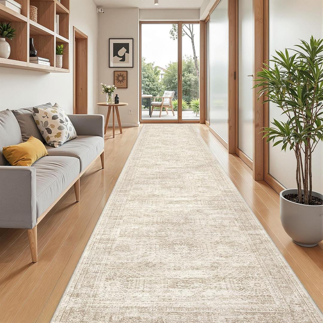 Washable Runner Rug 2.5x16, Non-Slip Long Hallway Runner for Entryway, Soft Vintage Kitchen Mats for Floor, Abstract Dining Room, Bedroom, Living Room Rugs(2.5'x16', Beige/Ivory)