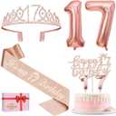 17th Birthday Decorations for Girl, Including 17th Birthday Tiara and Sash, Cake Topper and Candles, Number Balloons, Greeting Card, 17 Year Old Gifts for Girls