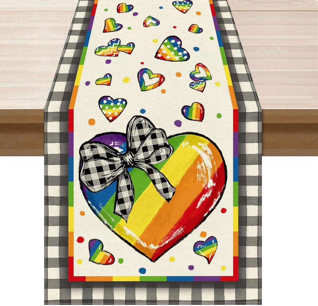2 x XCHI Rainbow Love Heart Plaid LGBTQ Table Runner Pride Day Inclusion Lesbian Gay Bisexual Transgender Queer Homosexual Equality Decorations for Home Kitchen Party 13x90 Inch
