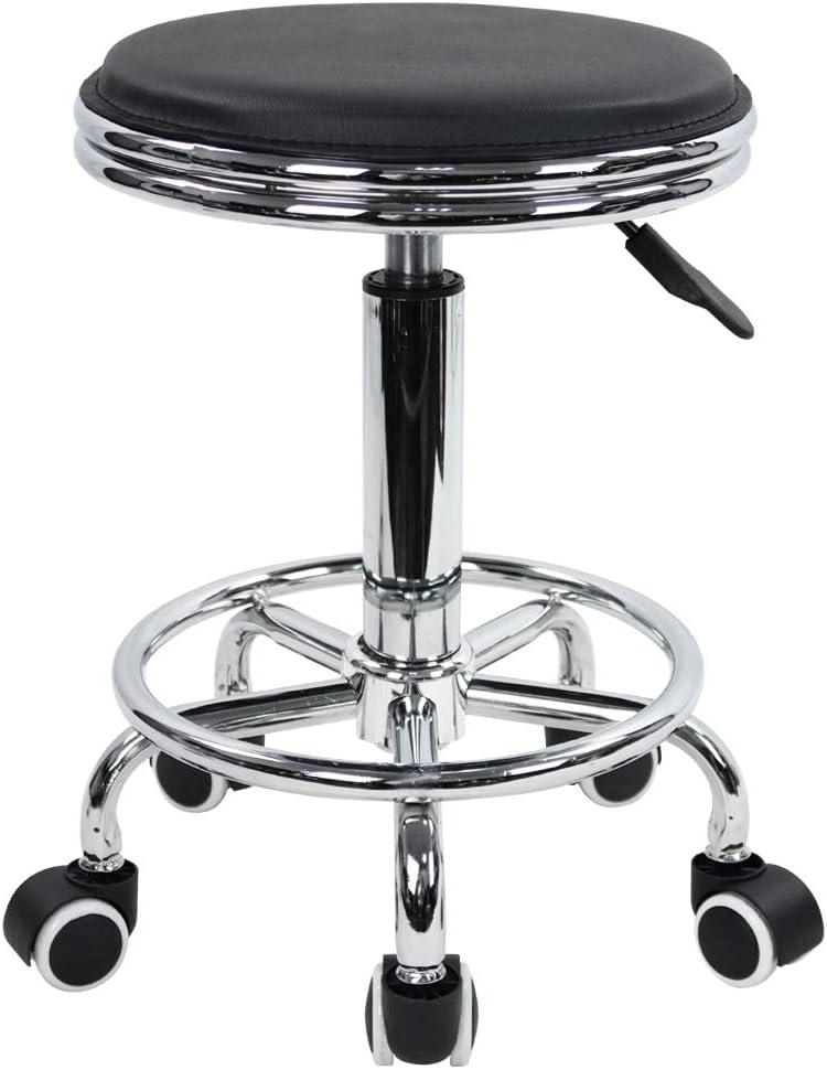 KKTONER Round Rolling Stool with Foot Rest PU Leather Height Adjustment Modern Industrial Metal Style Swivel Spa Salon Tattoo Work Massage Stools Small (Black)