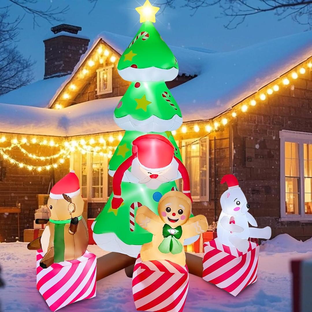 8FT Inflatable Christmas Tree 8FT Christmas Tree Inflatables Combined with Santa Claus and Friends Christmas Blow Up Outdoor Yard Decor Built-in 9 LEDs for Yard Garden Lawn(with Storage Bag)