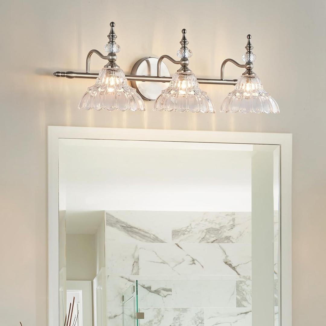 HDDFL Bathroom Light Fixture 3 Lights Brushed Nickel Vanity Lighting Fixtures Modern Wall Sconces Wall Lights for Bedroom Bathroom Hallway Living Room, 25.2in, MJ-SN98-3