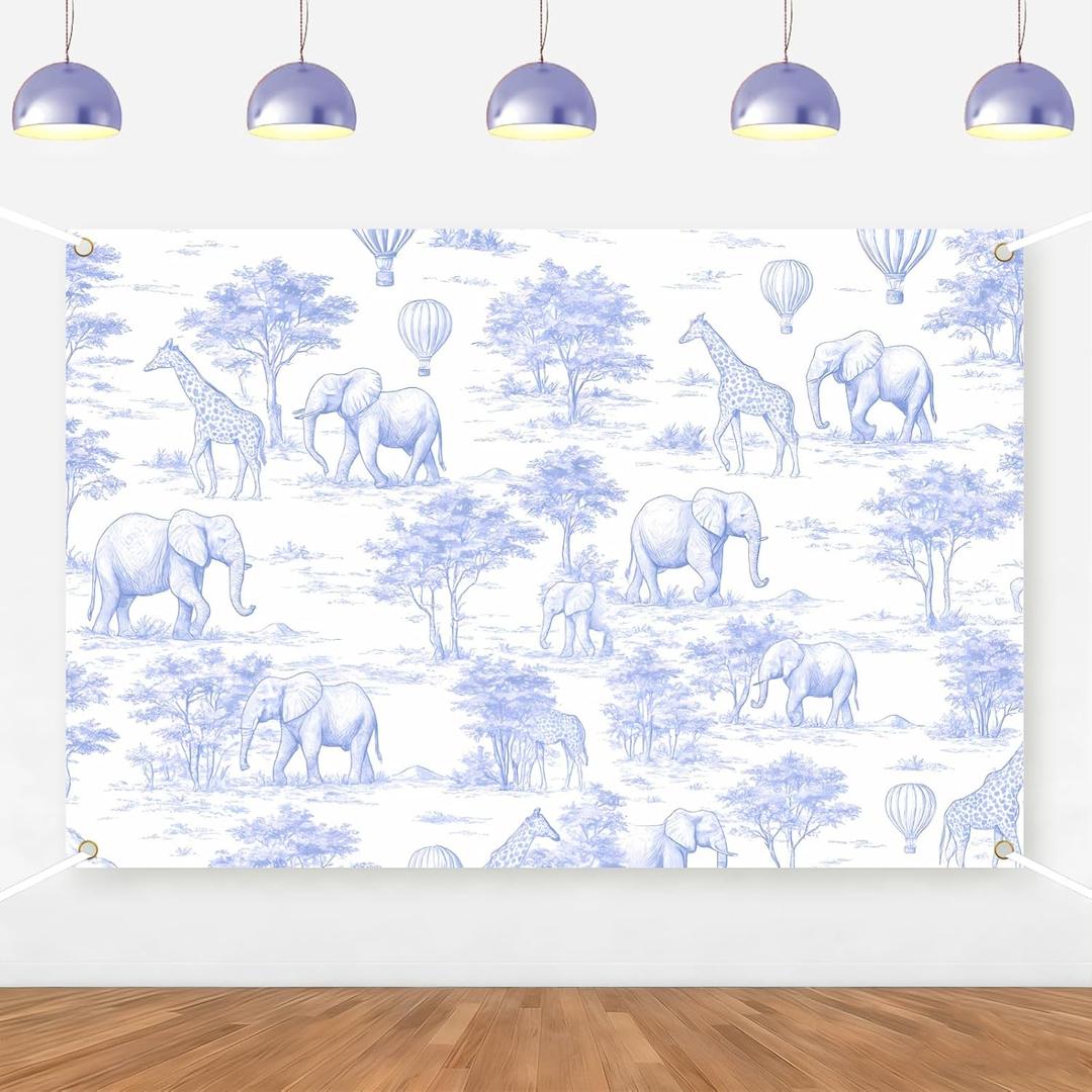 Blue Chinoiserie Safari Animals Backdrop Jungle Safari Baby Shower Decorations Giraffe Elephant Hot Air Balloon Forest Hanging Banner for Boy Girl Forest Animal Birthday Bridal Shower Supplies 5*3ft