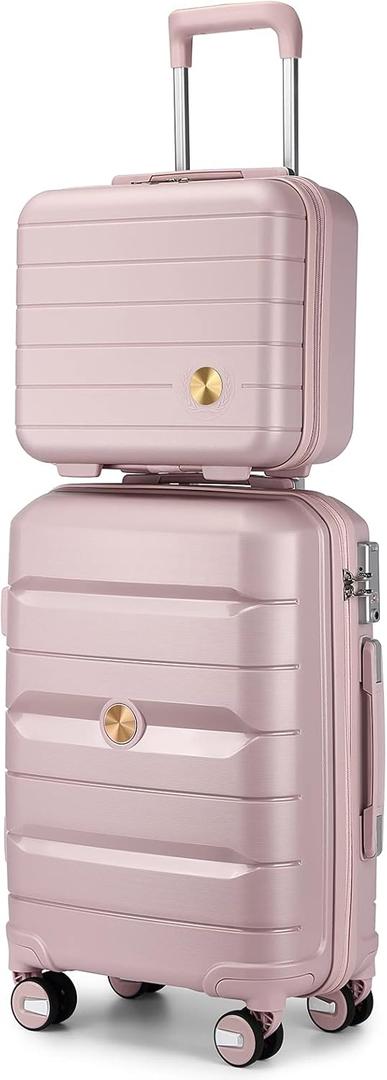 Somago 20" Carry On Luggage and 14" Mini Cosmetic Cases Travel Set Lightweight Polypropylene Suitcase with TSA Lock YKK Zipper Hardside Luggage with Spinner Wheels (2 Piece Set, Nude Pink)