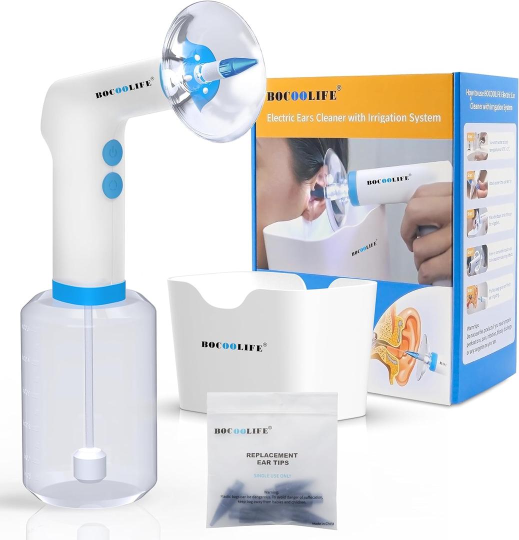 BOCOOLIFE Electric Ear Wax Removal Kit  Water Flushing Irrigation System Ears Flush Cleaner Powered Cleaning 4 Pressure Settings, Safe & Effective Ear Cleaning for Adults, Includes 5 Tips