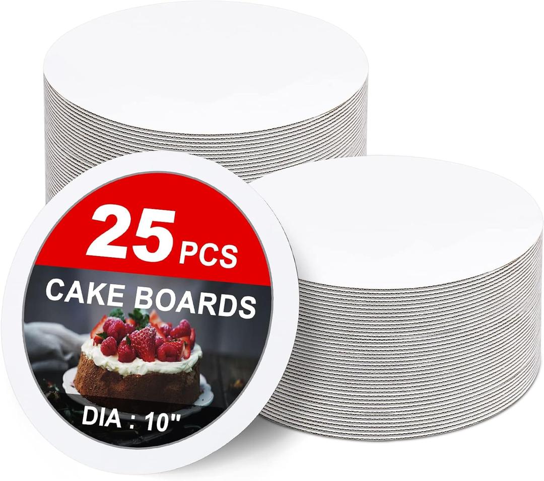 25-Packs Cake Boards 10 inch Round, White Cake Board Rounds, White Cake Circles Rounds Base Food-Grade Cardboard Cake Plate for displaying Cakes, Bread, DessertsThin and Sturdy