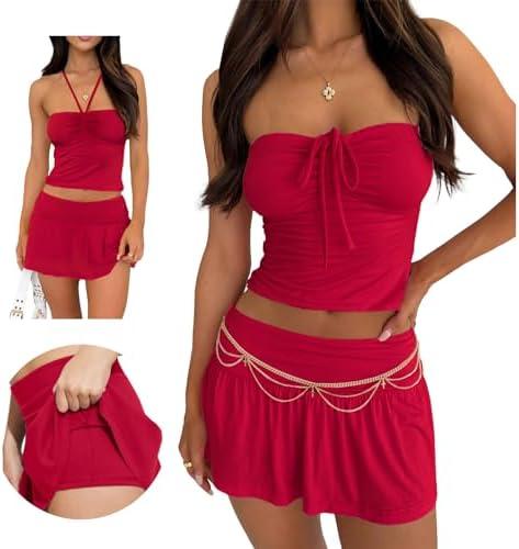 Hafailia Summer Two Piece Outfits for Women Y2K Going Out Tie Ruched Tube Crop Tops Low Rise Pleated Mini Skort Skirt Sets, M