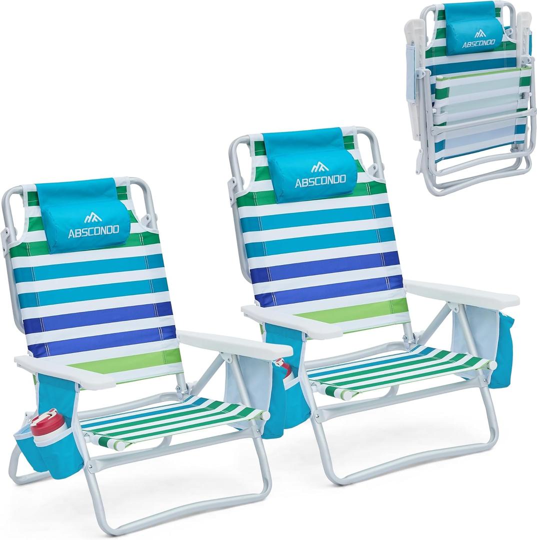 Beach Chair, Beach Chairs for Adults 2 Pack, Outdoor Folding Beach Chairs for Adults, Supports up to 350lbs with 5 Positions, Towel bar, Cooler Pouch, Storage Pouch.