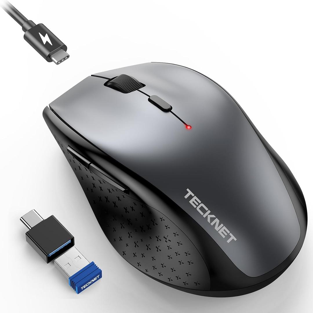 TECKNET Rechargeable Mouse with Jiggler, Plug & Play, 2.4G Connection with USBC Adapter, Silent Mouse Quiet Click, 6400 DPI Ergonomic Mouse, Cordless Computer Mice for Laptop, Desktop, PC, Grey