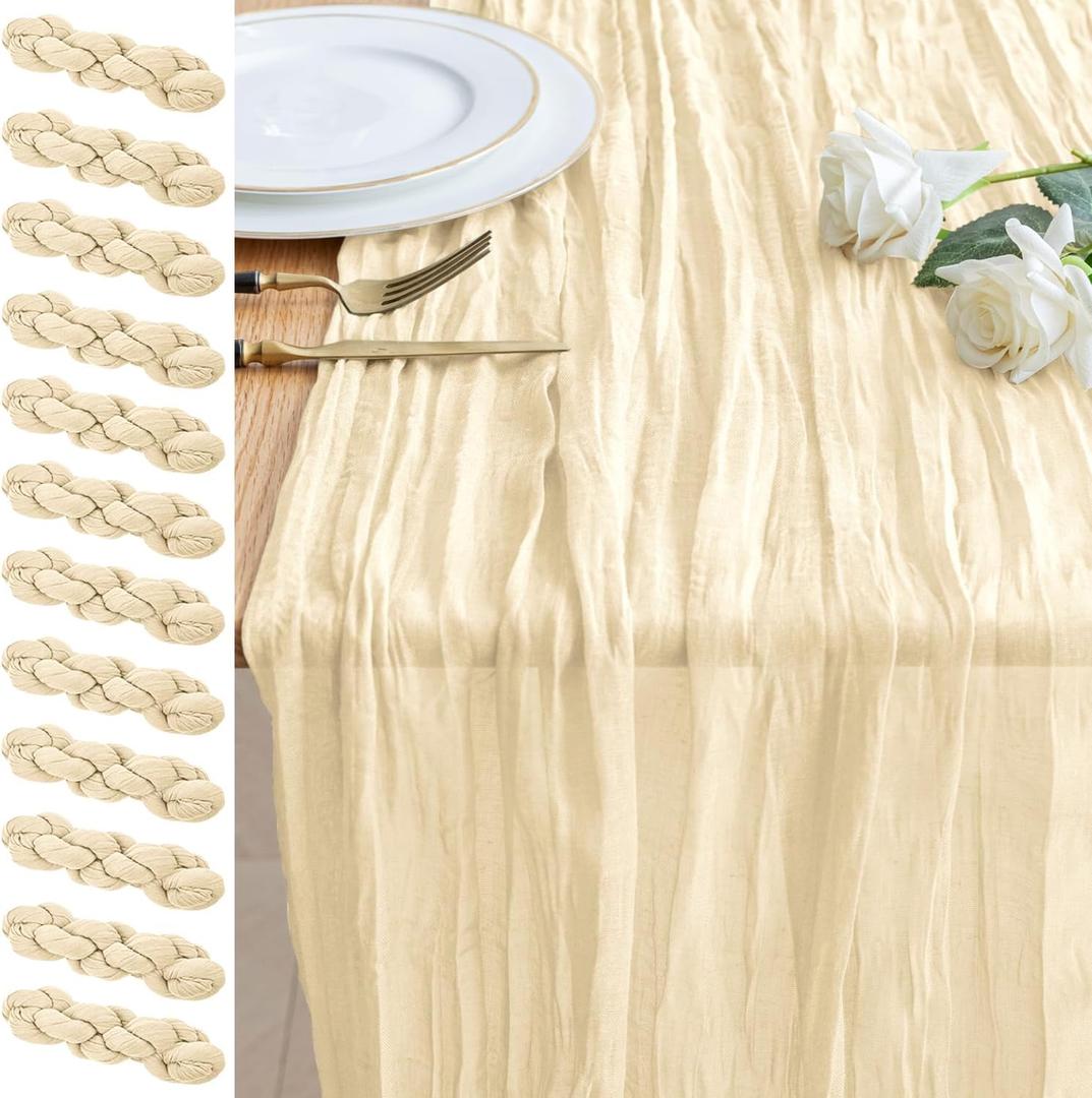 12PCS Table Runner Cheesecloth 10FT Beige Boho Gauze Cheese Cloth Rustic Sheer Table Runners for Wedding Bridal Baby Shower Party Decoration