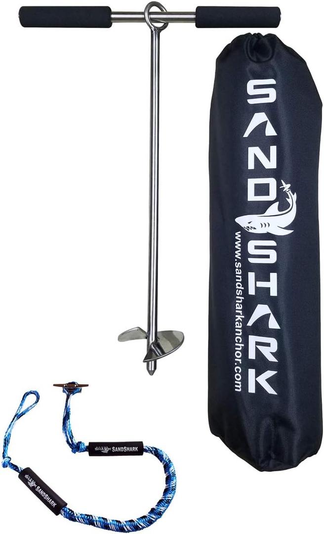 SandShark Lite 18" Sand Anchor, Tested & Proven to Hold Watercraft Secure, Auger to The Beach or Sandbar for Jet Ski, PWC, Pontoon, Kayak, Canoe, Stainless Steel 18 in w/Padded Case & 4-5.5" Bungee