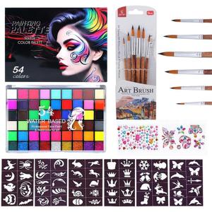 54 Color Face Painting Kit Non-Toxic Water Activated Face Paint Palette with Matte, Glitter & Colors, Brushes, Stencils & Gems for Halloween, Carnival, Parties