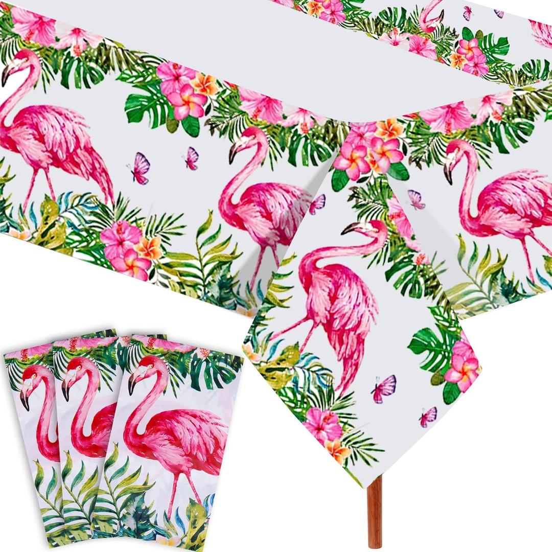 Hawaiian Flamingo Table Cloths, 3 Pack Disposable Plastic Rectangular Jungle Leaf Table Cover, Tropical Aloha Luau Theme Decorations for Summer Beach Pool Kids Birthday Cocktail Party Supplies