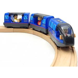 Battery Operated Train Set for Wooden Track Toys - Action Locomotive with Magnetic Connection (Blue, Ages 3-5)