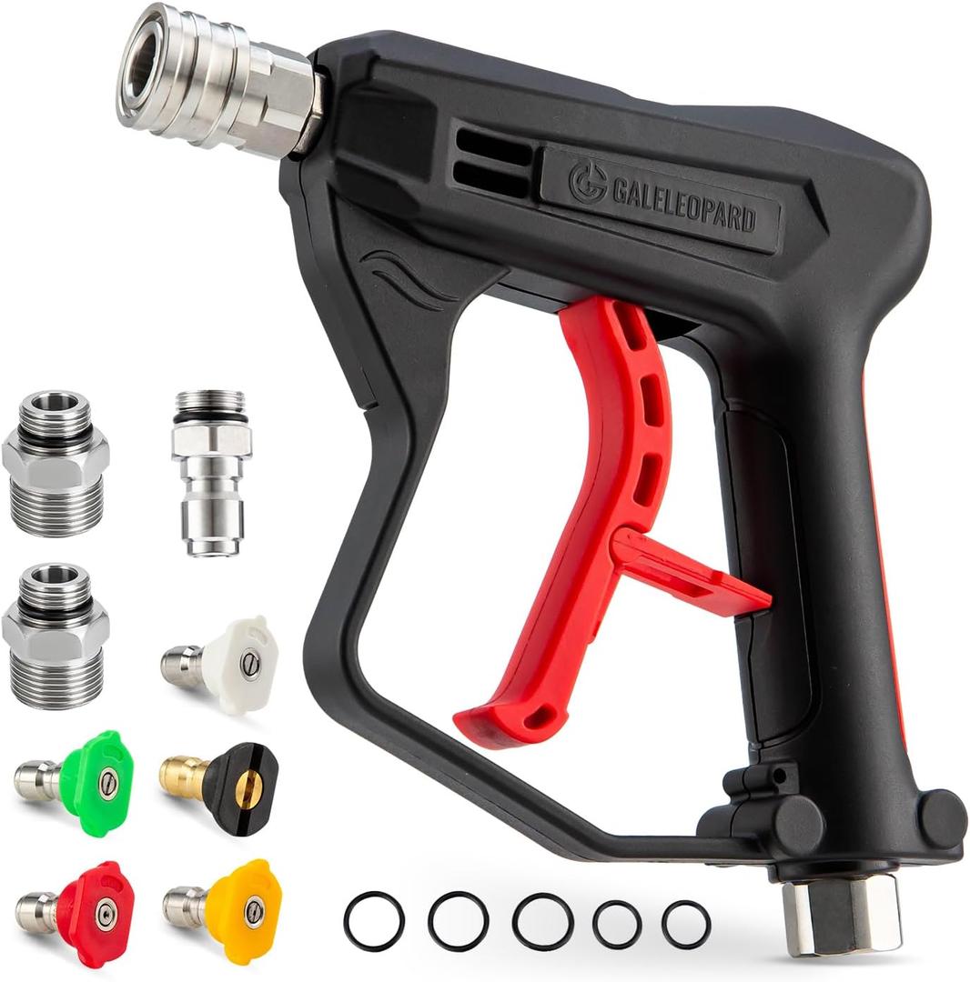Short Pressure Washer Gun with 1/4" Quick Connector, 4350 PSI High Pressure Washer Gun with 5 Spray Nozzle Tips, 3/8'' Male Plug and M22-14/15mm Fittings, Power Washer Gun Compatible with Foam Cannon