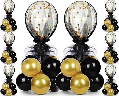 BBTO 8 Set Gold Black Table Centerpieces Balloons Stand Kit, Latex Balloons and Table Stand Holder with Base Tulle for Wedding Birthday Mother's Day Baby Shower Party
