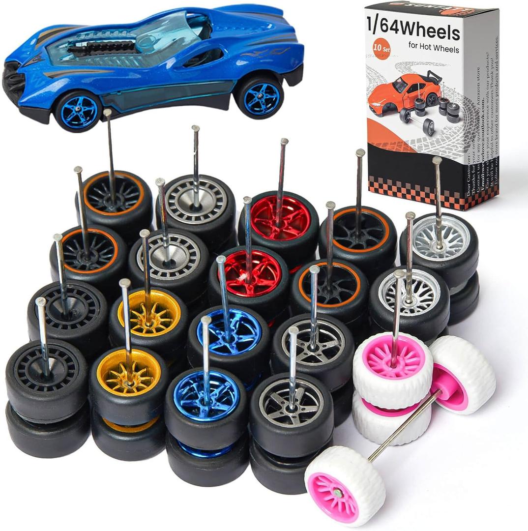 1/64 Wheels for Hot Wheels,1:64 Scale Wheel and Tires Kit,Rim Rubber Tires for 10 Cars,Axles That are Easy to Install,Suitable for Basic Hot Wheel and Matchbox(10 Sets)