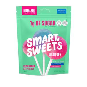 SmartSweets Lollipops, 3oz, Blue Raspberry & Watermelon Flavors, Hard Candy with Low Sugar (1g), Low Calorie (40), No Artificial Sweeteners, Plant-Based, Gluten-Free