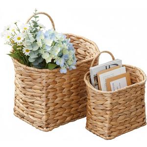 Coeusy Wicker Hanging Basket,Woven Hanging Wall Basket for Organizing and Decor,Natural Water Hyacinth Wall Mounted Storage Baskets for Farmhouse Home,Door,Entryway,Flower,Mail,Plant,Set of 2