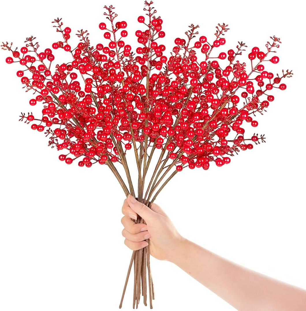 Xanllaxa 12Pcs Christmas Red Berry Stems,20" Artificial Berry Stems Branches,Burgundy Berry Floral for Xmas Tree,Home Decor,Wedding,Floral DIY Crafts